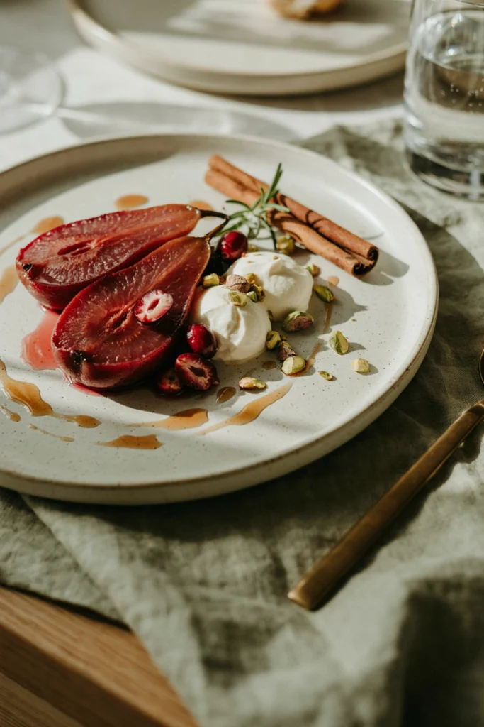 Ruby-red wine-poached pear halves fanned on a plate, topped with a dollop of whipped mascarpone and a drizzle of reduced syrup.