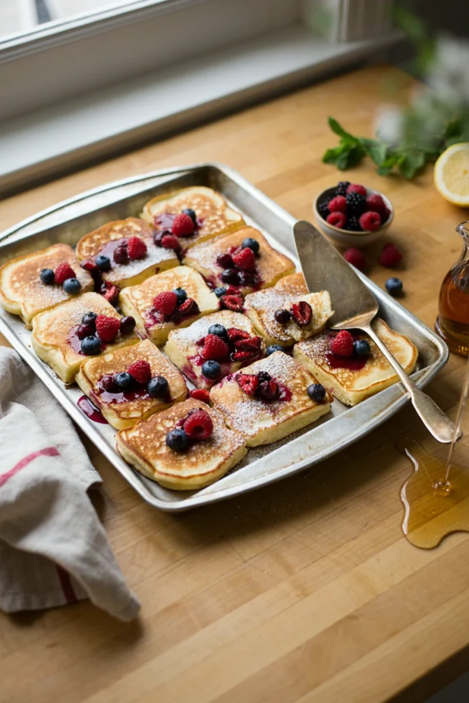 A large sheet pan of fluffy pancake squares topped with a glossy red berry compote and a dusting of powdered sugar.