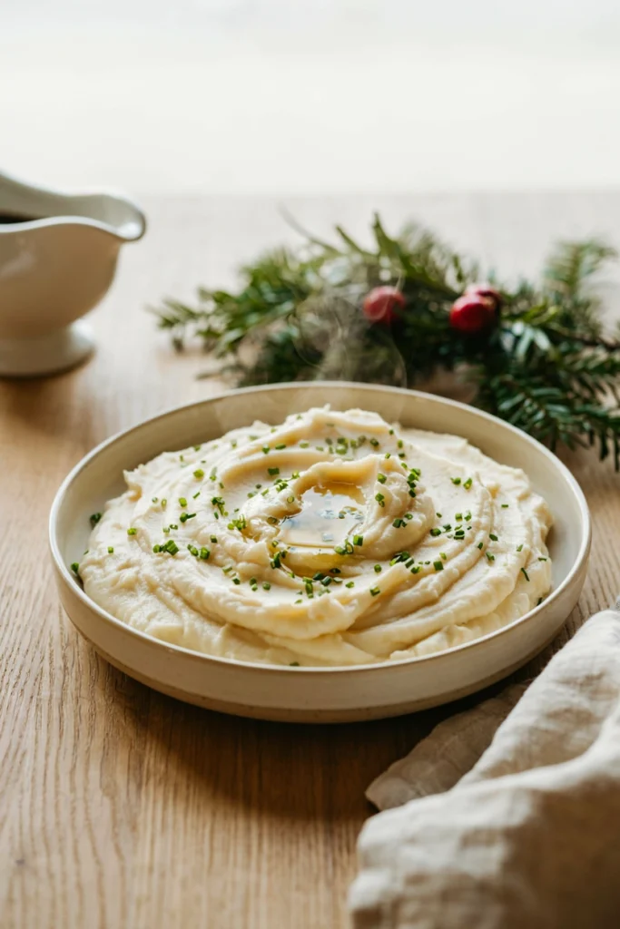 A large white bowl of pillowy mashed potatoes with a well of melted butter in the center, fresh chives on top, and steam rising