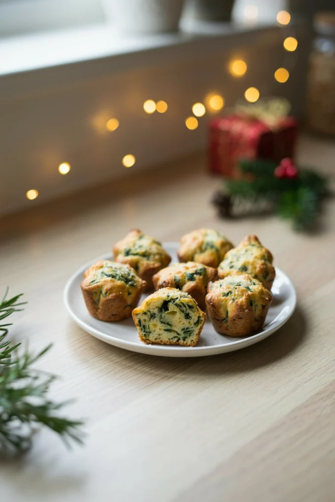 Green-flecked savory muffins in a paper liner, cut into a tree shape after baking, dusted with a light layer of parmesan snow.