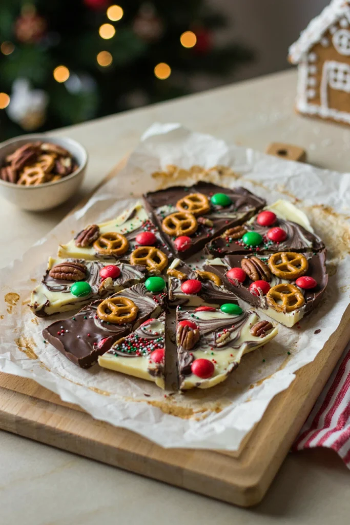 A flat sheet of white and dark chocolate bark studded with pretzels, red and green candies, and pecans, broken into pieces.