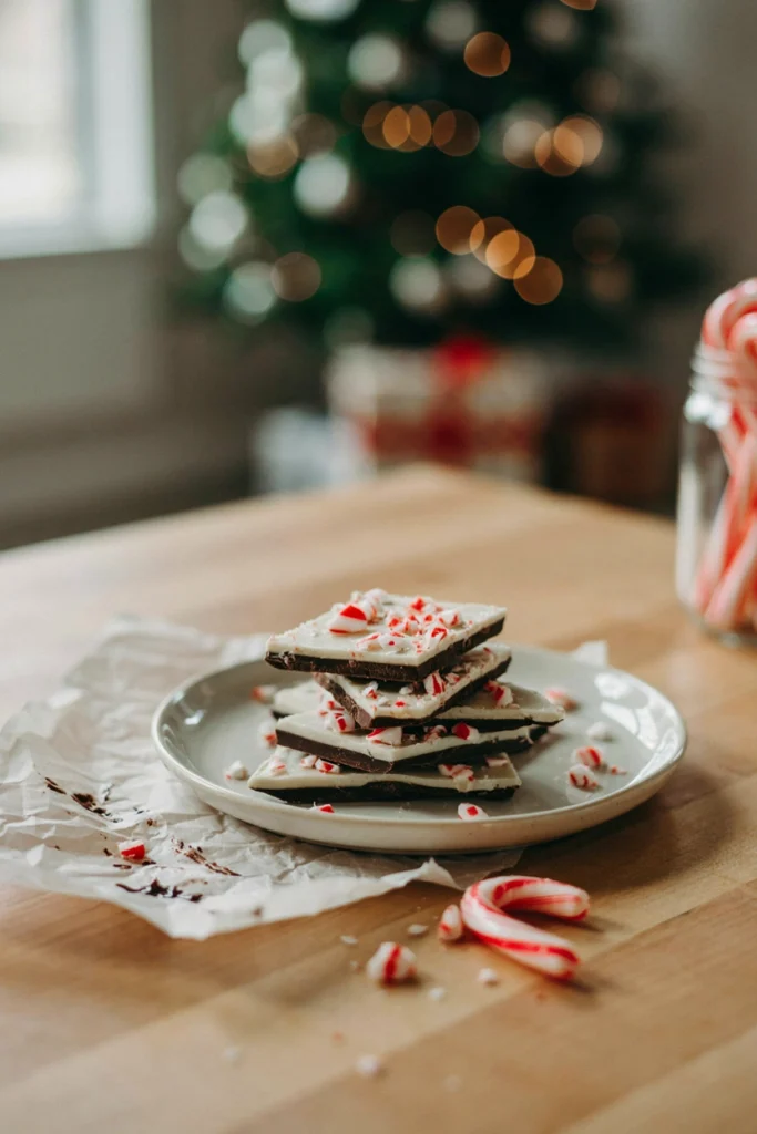 A broken sheet of layered dark and white chocolate bark studded with crushed candy canes, stacked on a plate.