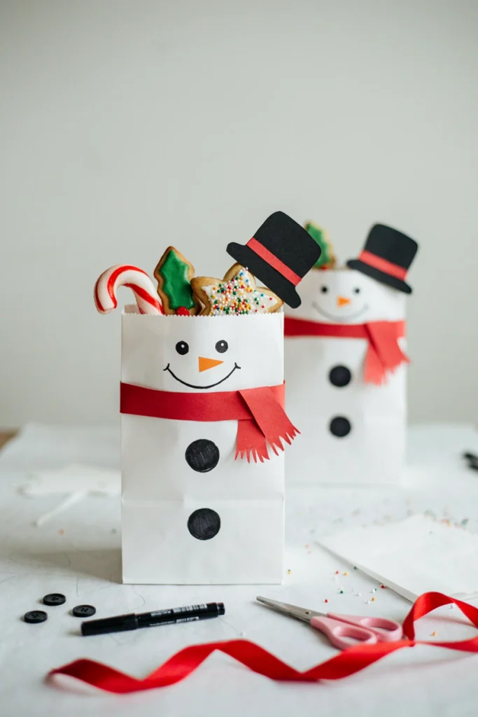 White paper bag decorated as a snowman face with a black construction paper top hat