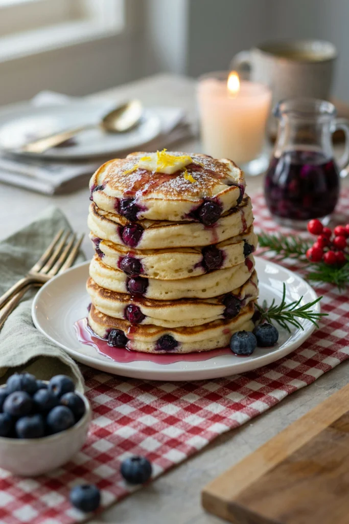 A tall stack of pale, tender pancakes bursting with blueberries, topped with lemon zest and a dusting of powdered sugar.