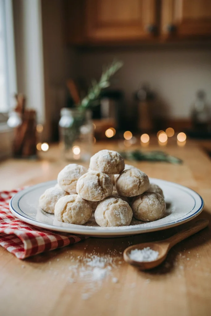 Small round shortbread cookies rolled in powdered sugar, stacked in a snowy-looking pile on a plate.