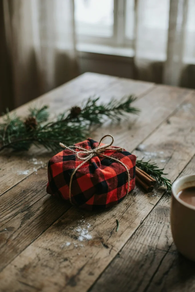 Treats wrapped furoshiki-style in red and black buffalo plaid flannel fabric tied with jute twine