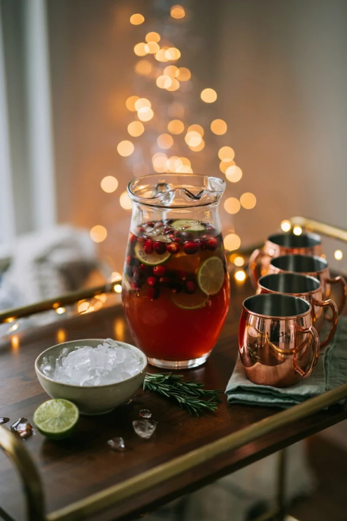 A glass pitcher of copper-toned cranberry moscow mule with lime wheels and cranberries next to a stack of copper mugs