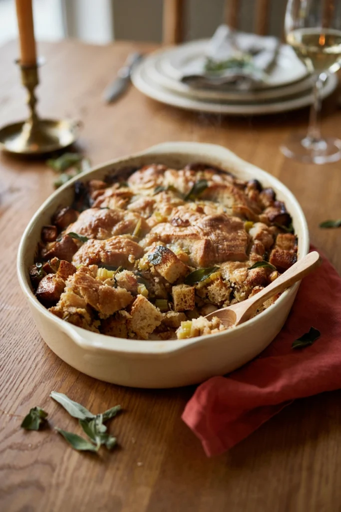 A cast iron skillet of golden-brown stuffing with a crisp top layer, fresh sage leaves scattered on top, and a serving spoon dug in