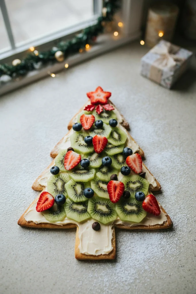 A large tree-shaped sugar cookie base spread with cream cheese frosting and topped with kiwi, strawberries, and blueberries arranged like ornaments.