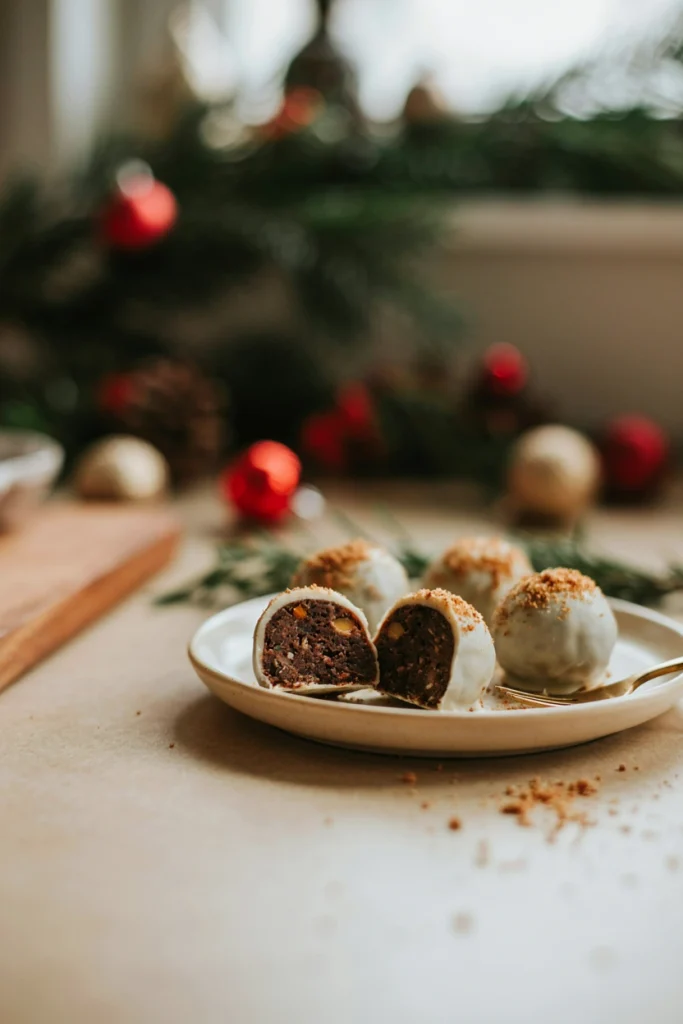 Round gingerbread-flavored truffles dipped in white chocolate with a gingerbread cookie crumb rim, on a small plate.