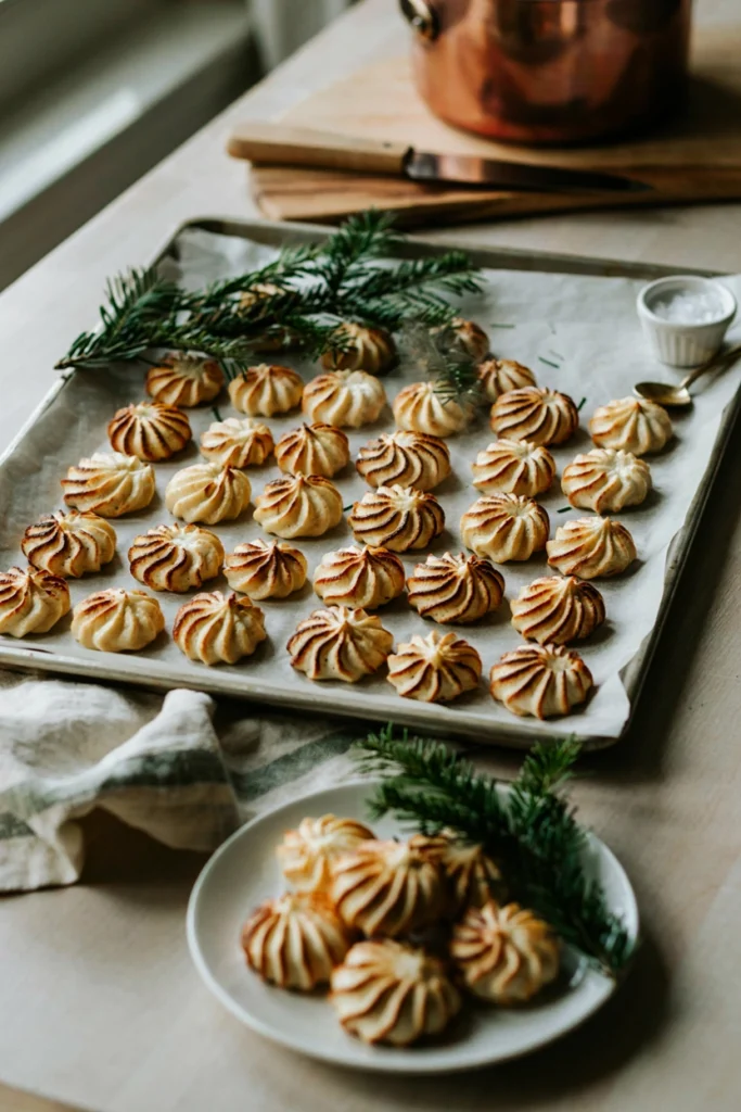 A baking sheet of individually piped, swirled potato rosettes with golden-brown crisp peaks arranged in neat rows