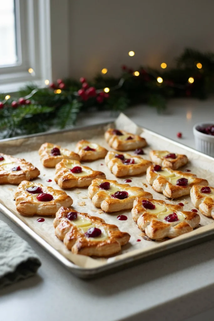 Puff pastry cups shaped like small trees, filled with melted brie and a dab of cranberry sauce, on a baking tray.