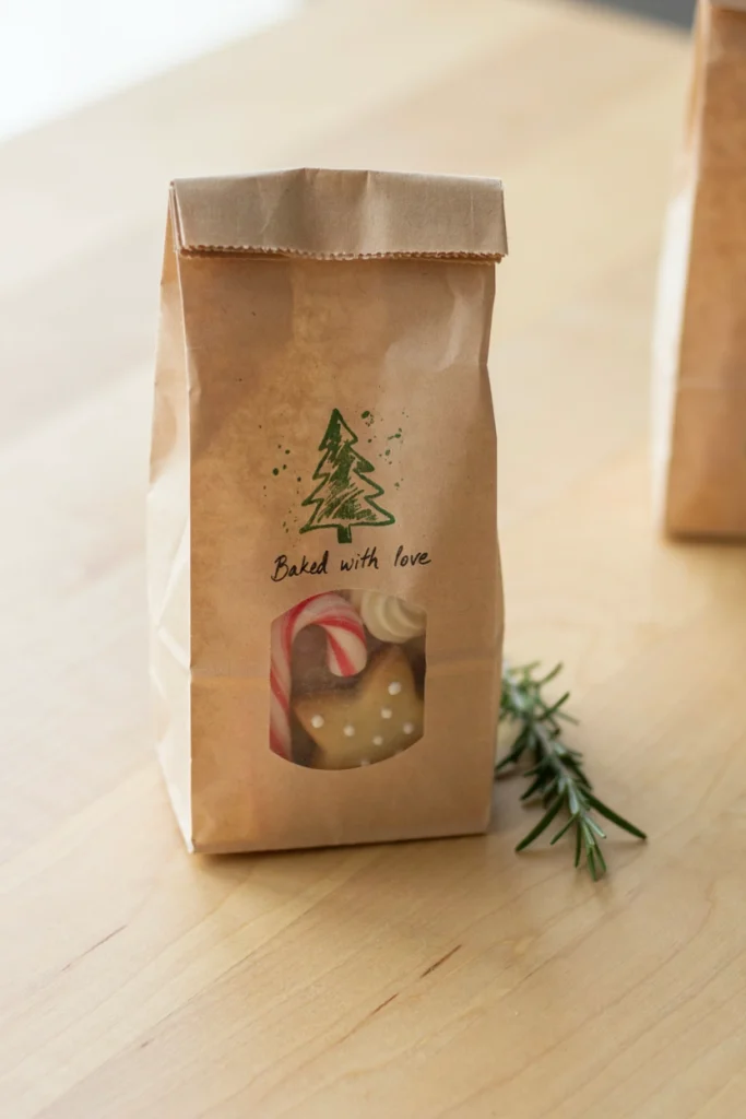 Kraft bag with a wax paper window and a holiday rubber stamp design above it