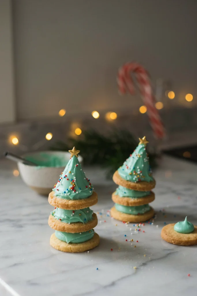 Sugar cone cookies frosted green and stacked into a tree shape, decorated with sprinkles, standing upright on a plate.