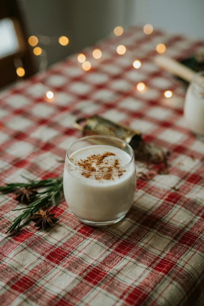 A short glass tumbler of thick creamy eggnog dusted generously with fresh grated nutmeg, holiday tablecloth in the background