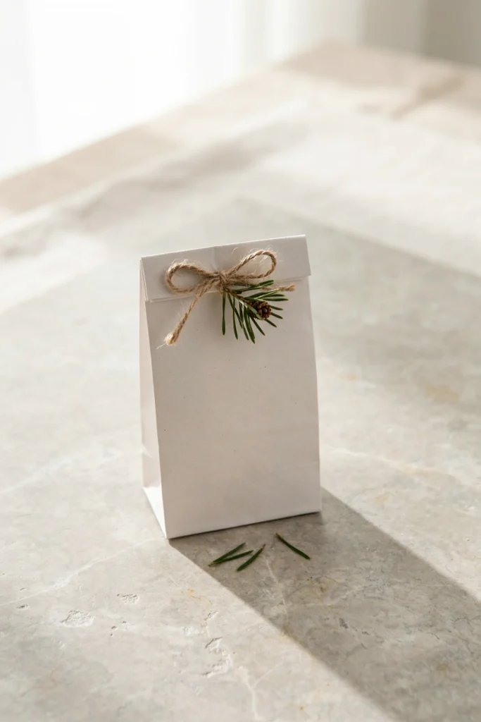 Plain white paper bag with a single sprig of greenery tucked into natural twine