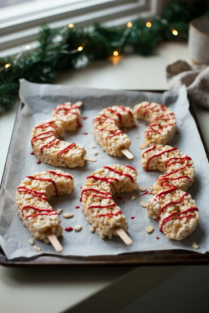 Rice cereal treats shaped into candy cane hooks on sticks, striped with red and white candy melt, on a decorative stand.