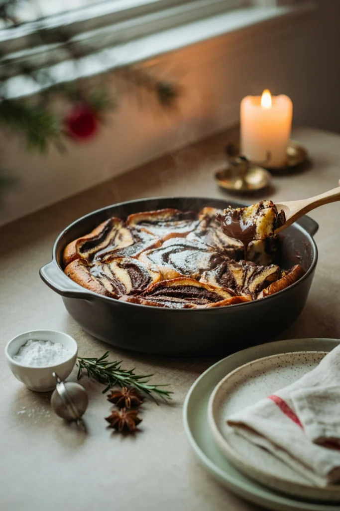 Swirled chocolate babka slices baked into a custard, dark chocolate ribbons visible in each piece, dusted with cocoa powder.