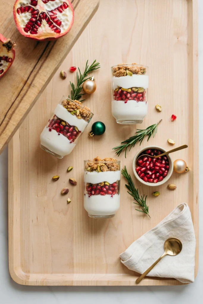 Layered glasses of creamy yogurt, ruby pomegranate seeds, and crushed green pistachios, viewed from the side to show the layers.