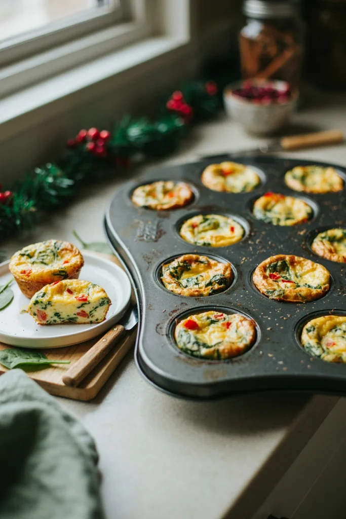 Baked egg muffins with visible green spinach flecks, sitting in a muffin tin, a small tomato piece on top of each.