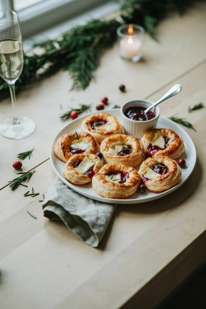 Golden puff pastry cups filled with melted brie and a spoonful of ruby cranberry sauce, arranged on a baking sheet.