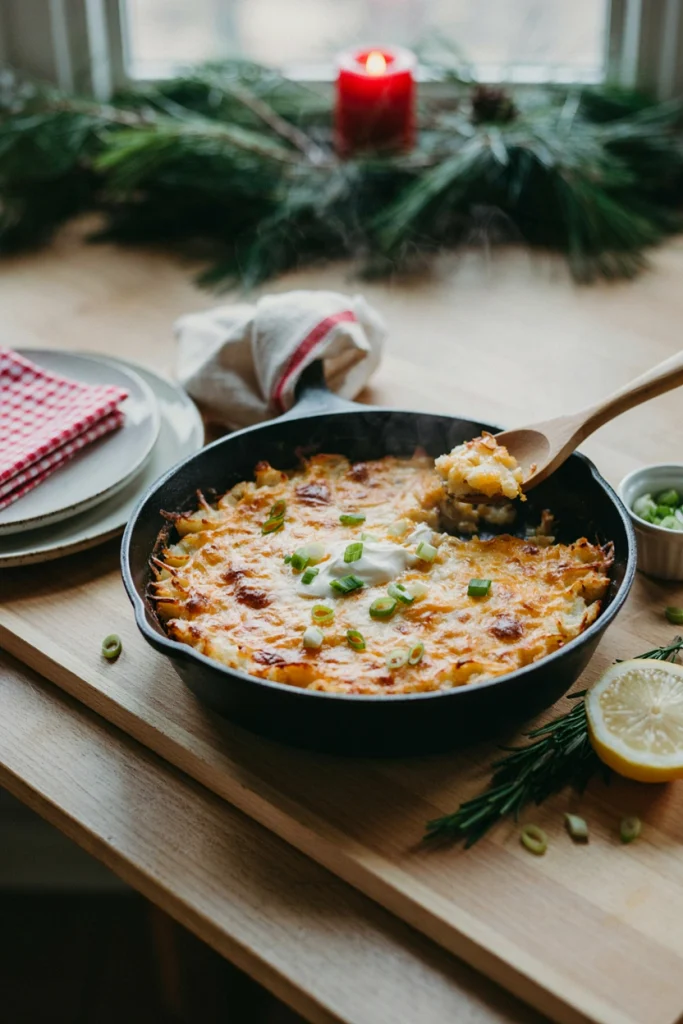 A crispy-edged golden hash brown casserole with melted cheese pulling apart in a cheesy string as a spoon lifts a portion.