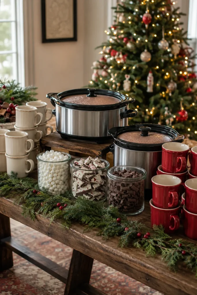 A long buffet table styled for a large gathering with multiple crockpots, abundant toppings, and greenery garland along the edge