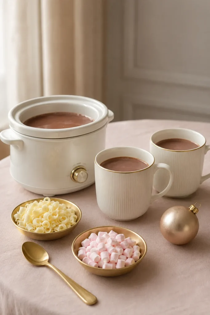 A softly lit table with blush pink linen, gold-rimmed mugs, gold spoons, and toppings in small gold-footed dishes