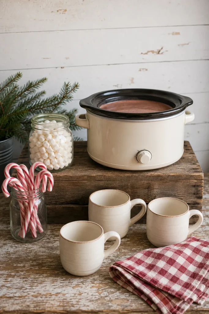 A rustic wooden crate hot chocolate bar with tiered levels for mugs, toppings jars, and a small chalkboard sign