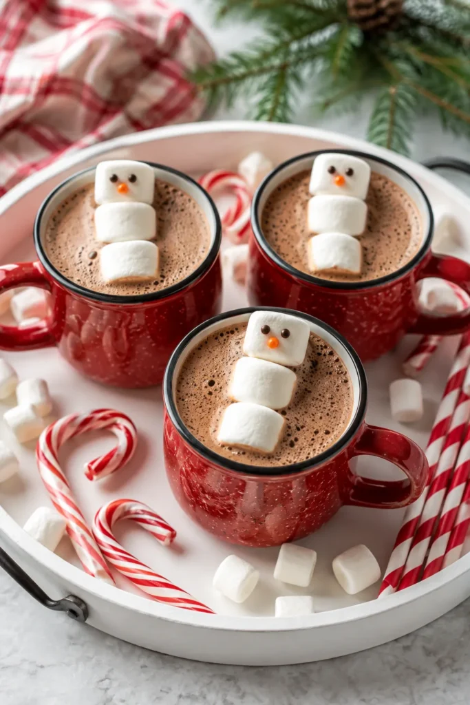 Mugs topped with three stacked mini marshmallows resembling snowmen with chocolate chip eyes and a candy corn nose