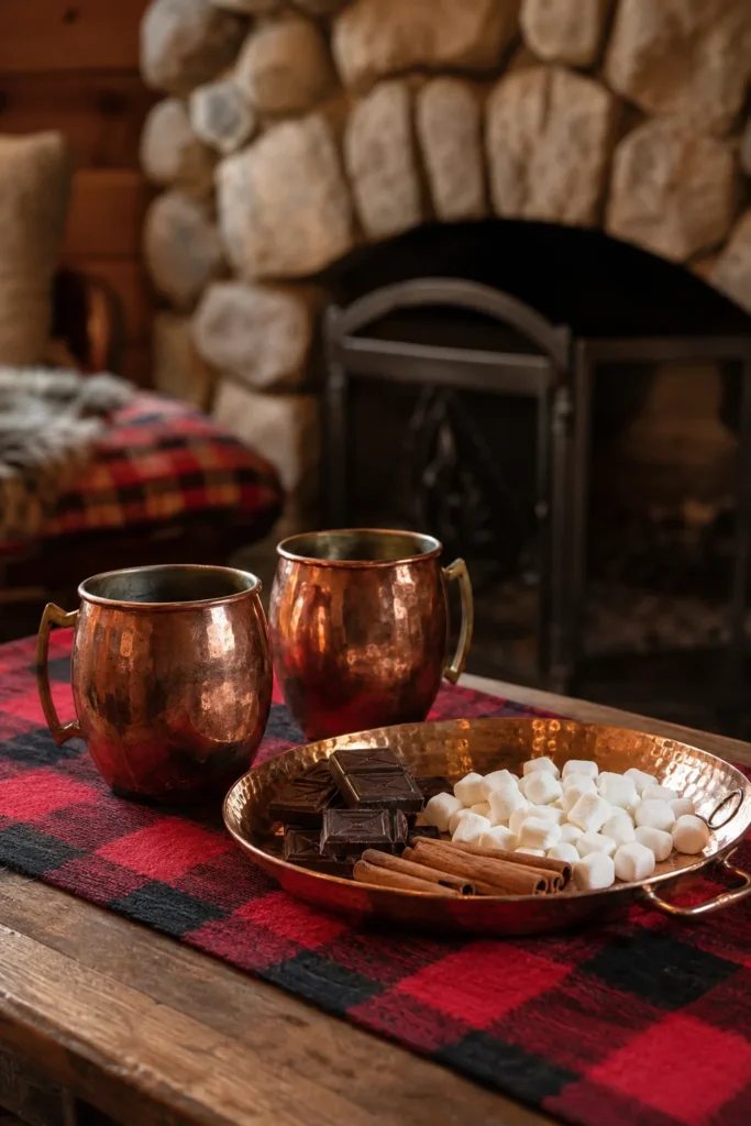 Copper mugs and trays against a red and black buffalo plaid table runner with pinecones and cinnamon sticks near a stone fireplace