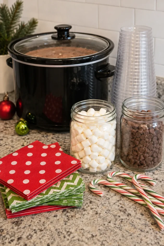 A colorful dollar store hot chocolate bar with clear plastic cups labeled with twine tags and a paper Hot Cocoa Bar banner
