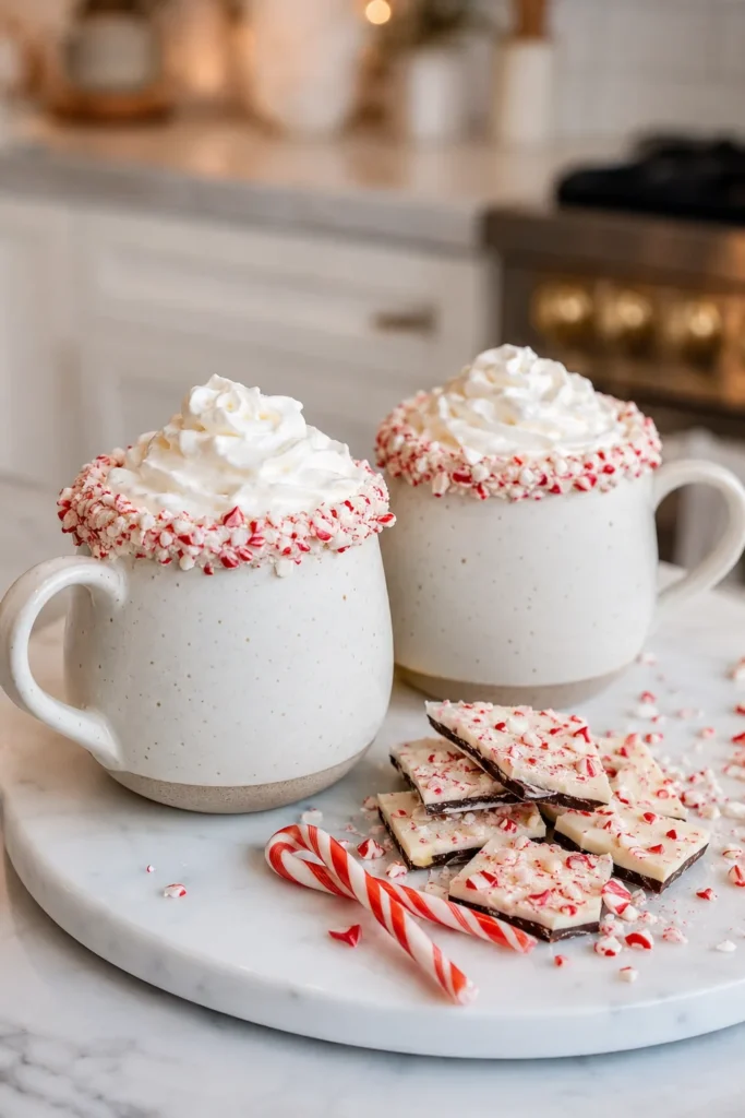 A mug rimmed with crushed peppermint bark pressed into white chocolate, surrounded by broken peppermint bark pieces on a marble tray
