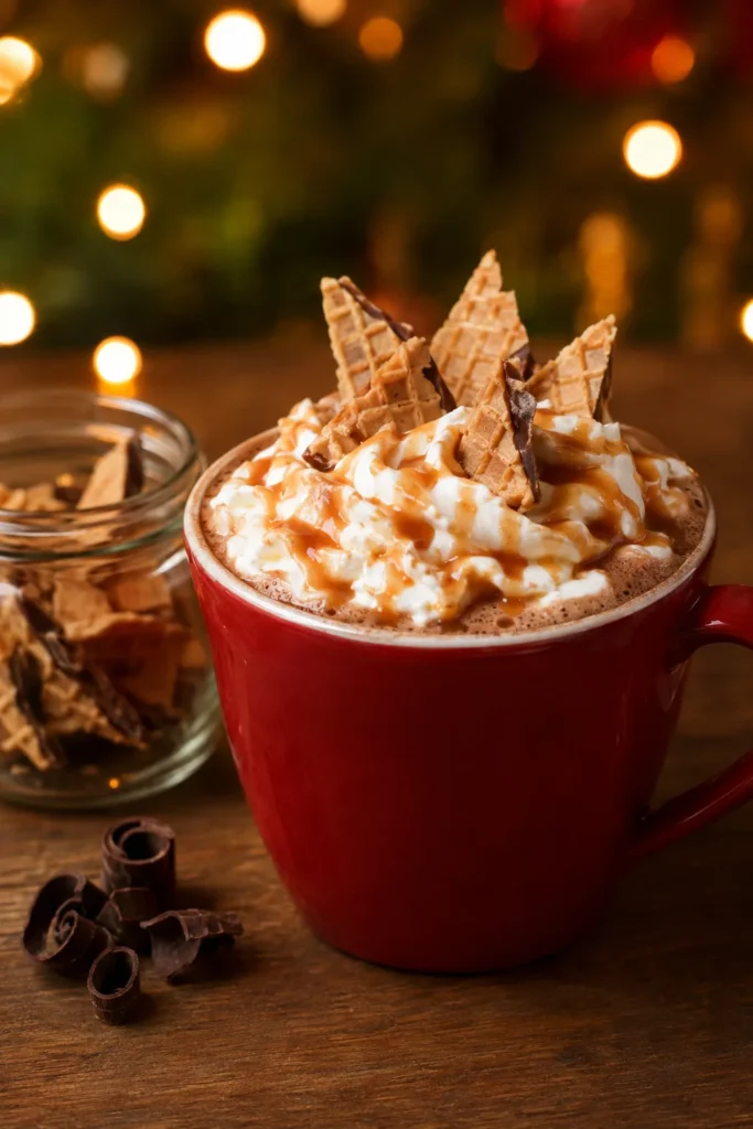 Mugs topped with mini waffle cone pieces standing upright in whipped cream alongside a jar of the cones