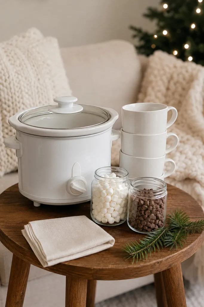 A small side table with two glass jars of marshmallows and chocolate chips beside a crockpot and a stack of plain white mugs