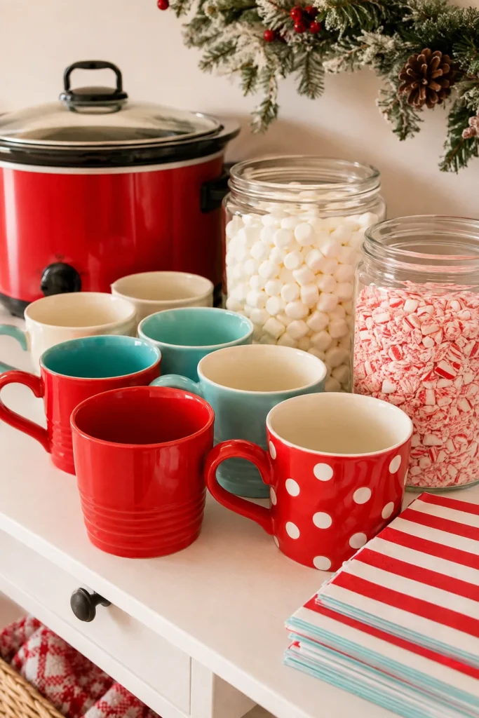 A low kid-height table with brightly colored mugs, jars of mini marshmallows and crushed candy canes, and a hand-painted Kids Cocoa Corner sign