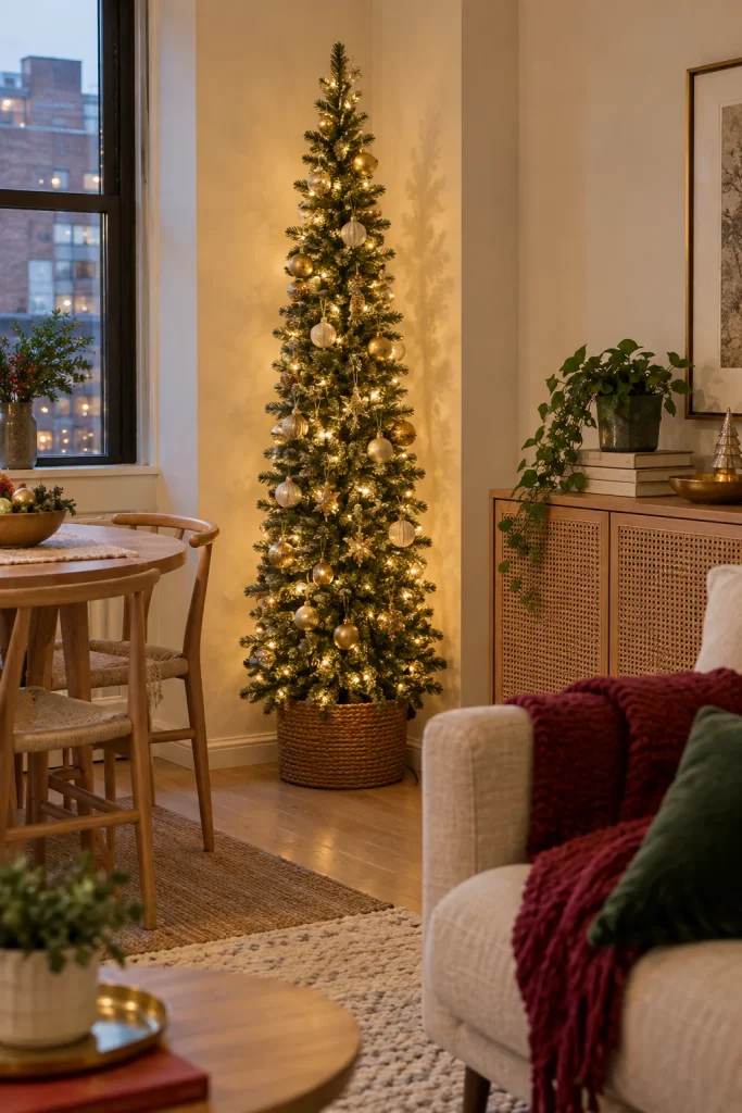 Slim pencil Christmas tree with warm white lights and gold and cream ornaments in a small apartment corner