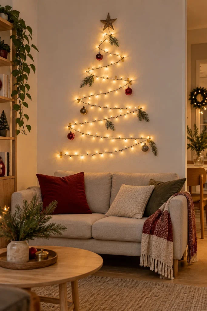 String lights arranged in a zigzag Christmas tree shape on a white wall above a small sofa