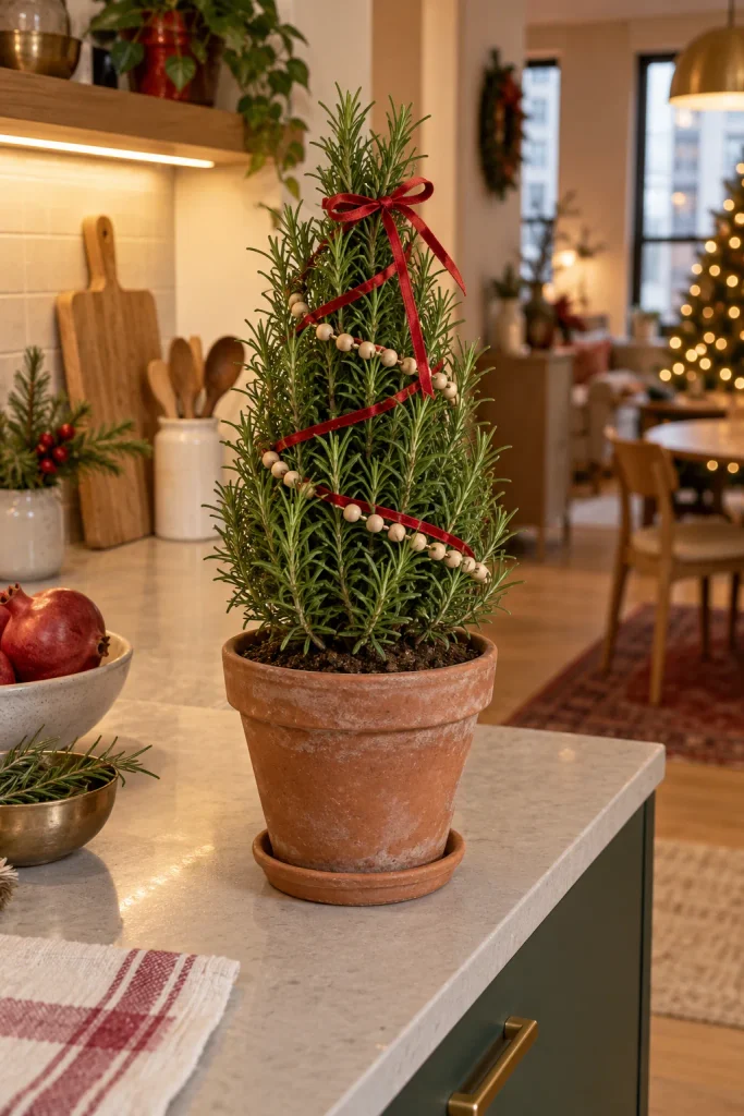 Cone-shaped rosemary tree in a terracotta pot with red ribbon and wooden bead garland on a kitchen counter