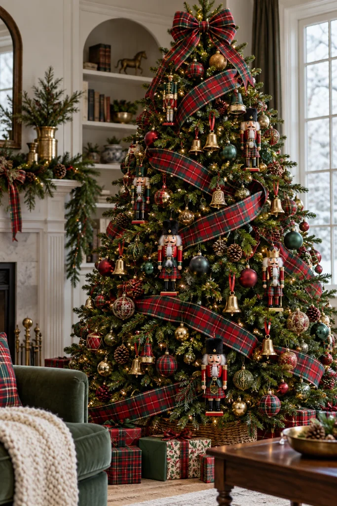 Nutcracker Christmas tree wrapped in red and green tartan ribbon with kilted nutcracker ornaments and brass bells