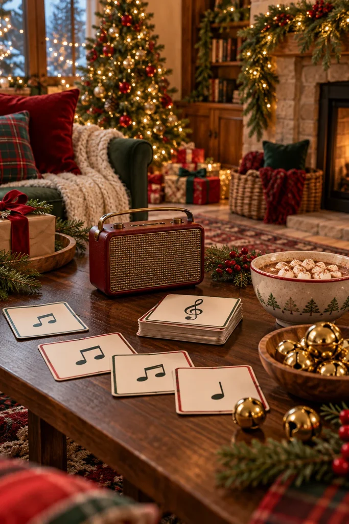Family guessing Christmas songs during a holiday game night