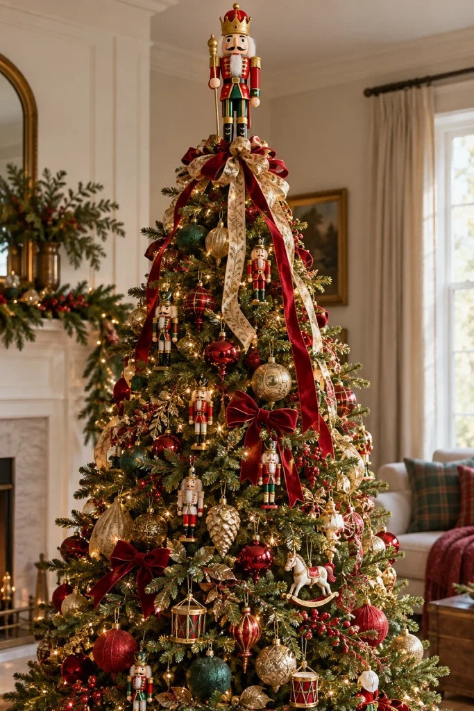 Christmas tree with a large nutcracker tree topper wearing a gold crown and ribbon streamers