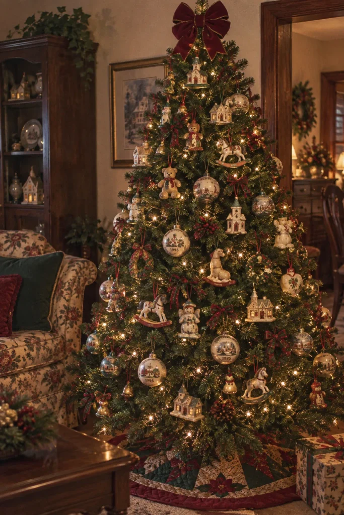 Christmas tree filled with dated keepsake ornaments like tiny rocking horses and houses