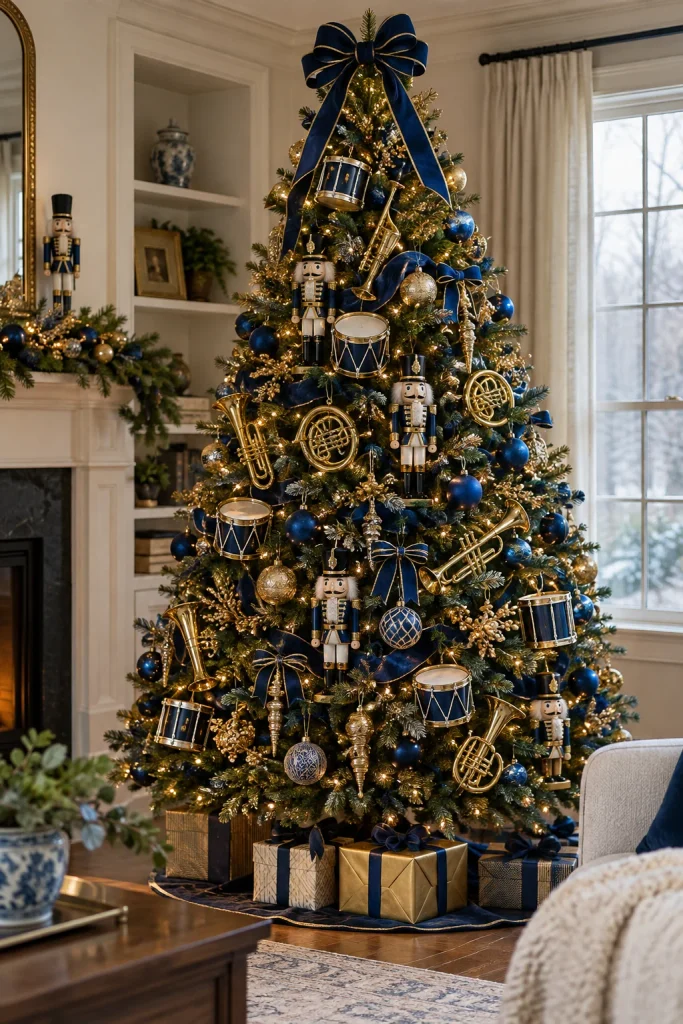 Marching band nutcracker Christmas tree with mini drums, brass horns, and royal blue accents