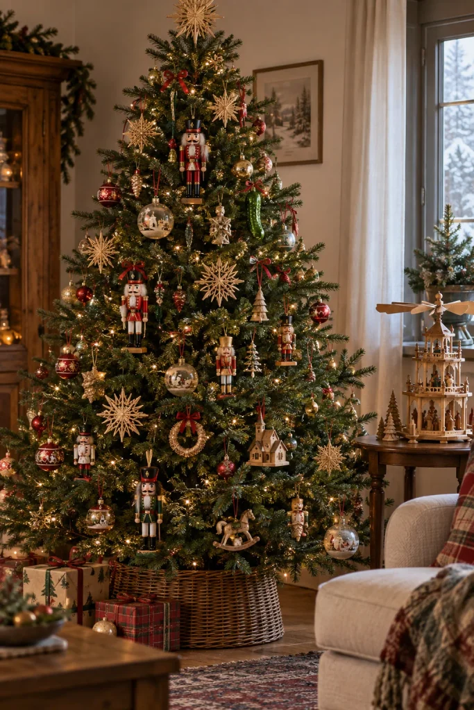 German heirloom Christmas tree with hand-carved wooden nutcrackers, straw stars, and a glass pickle ornament