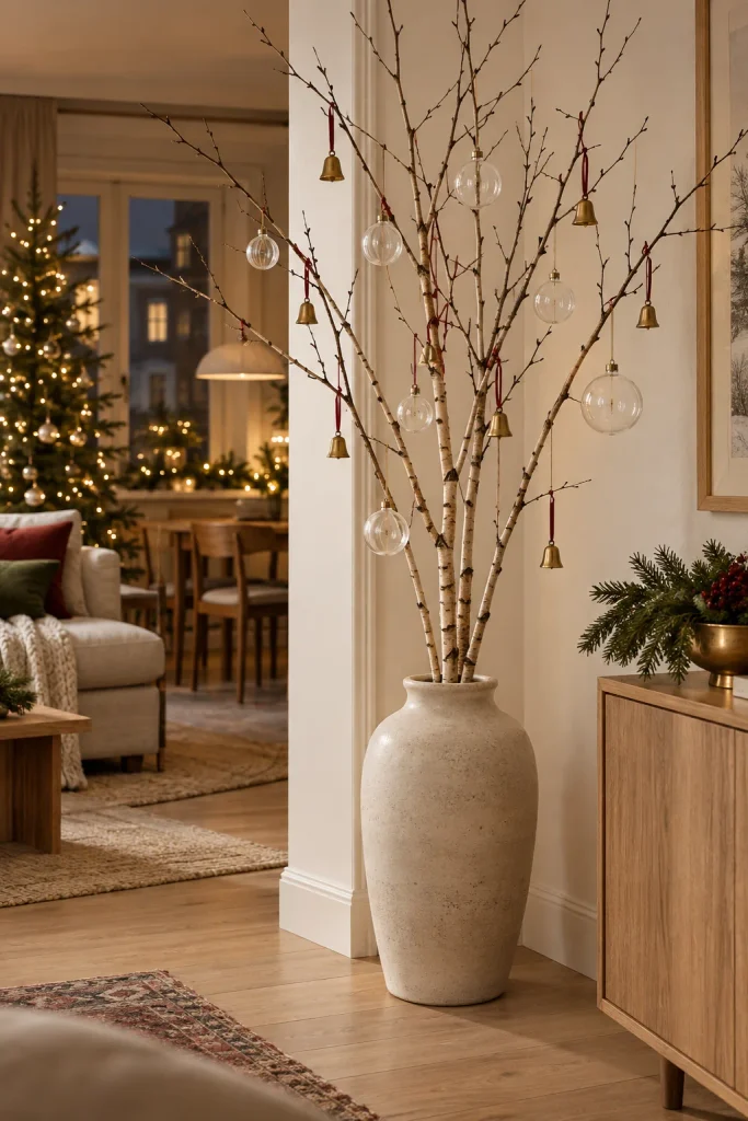 Bare birch branches in a ceramic floor vase hung with clear glass ornaments and brass bells