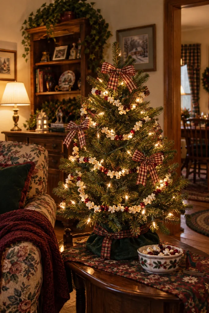 Small Christmas tree wrapped in popcorn and cranberry garland with white mini lights
