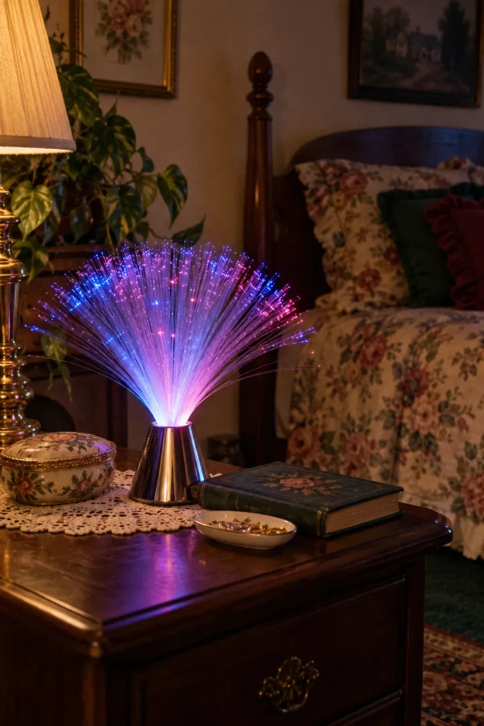 Tabletop fiber optic Christmas tree glowing blue, purple, and pink in a dark room
