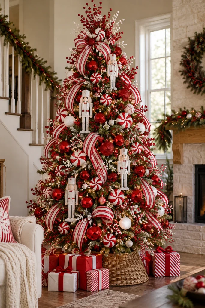 Red and white peppermint nutcracker Christmas tree with candy-striped ribbon and white-coated nutcrackers