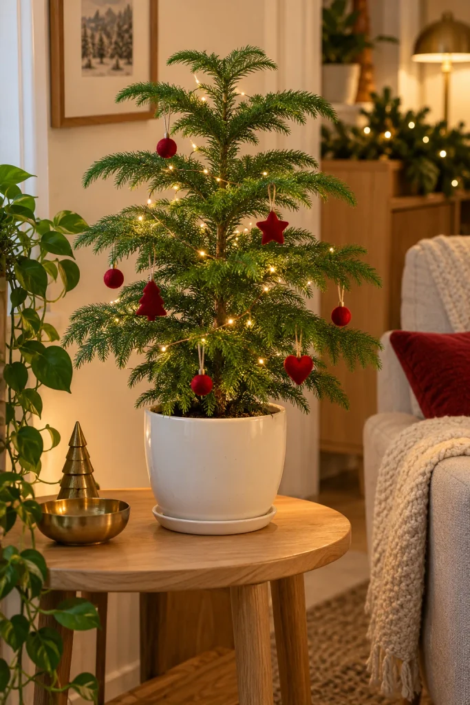 Small Norfolk Island pine in a white planter decorated with red felt ornaments and micro lights